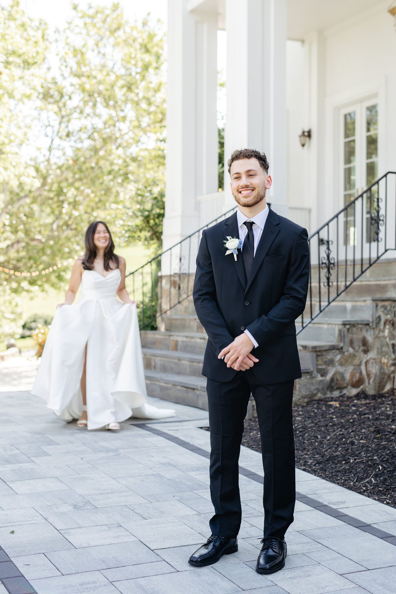 Bride walking toward the groom for their first look at The View at Bluemont